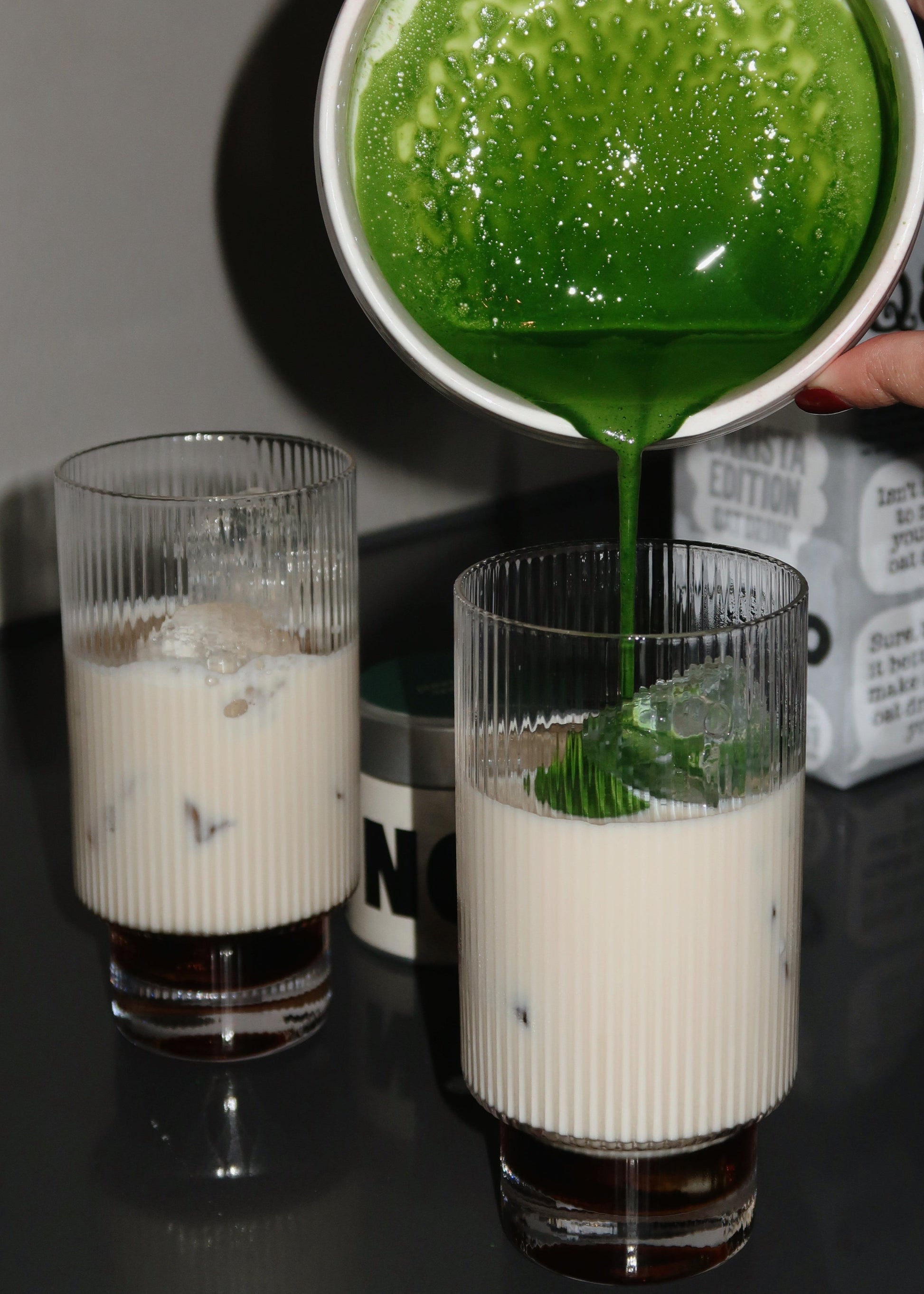 NOMU organic ceremonial grade matcha powder packaging from Uji Japan for iced matcha latte